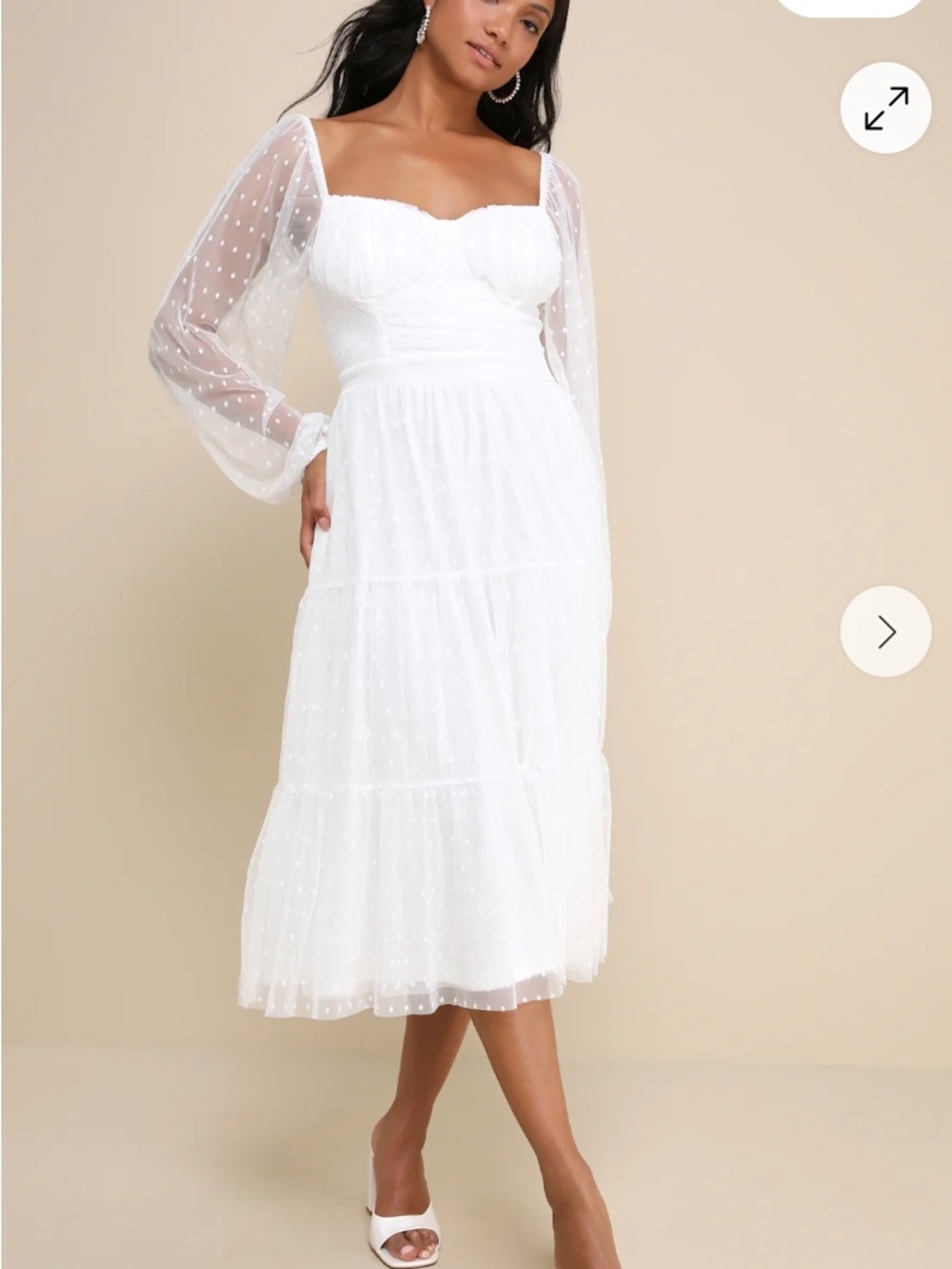 Lulus White Polka Dot Mesh Midi Dress S Sweetheart Neckline Balloon Sleeve Zip